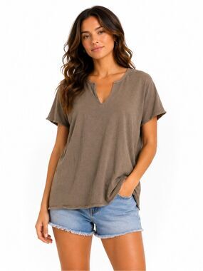 WE THE FREE by FREE PEOPLE Brown Oversized Split Neck T-Shirt XS